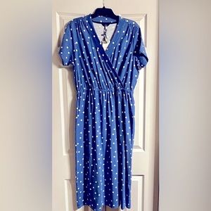 Short sleeve midi dress, Blue with white polka dots, Size 12.